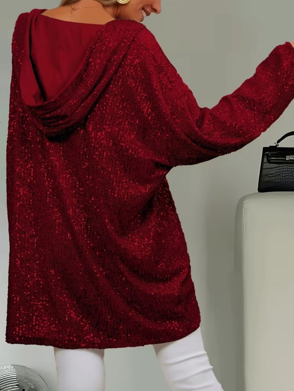 Beautiful Merlot Sequin Sparkly V-Neck Hoodie Tunic Top / Mini Dress
